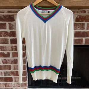 POL cream pullover sweater with a v-neck and multicolor stripes size S